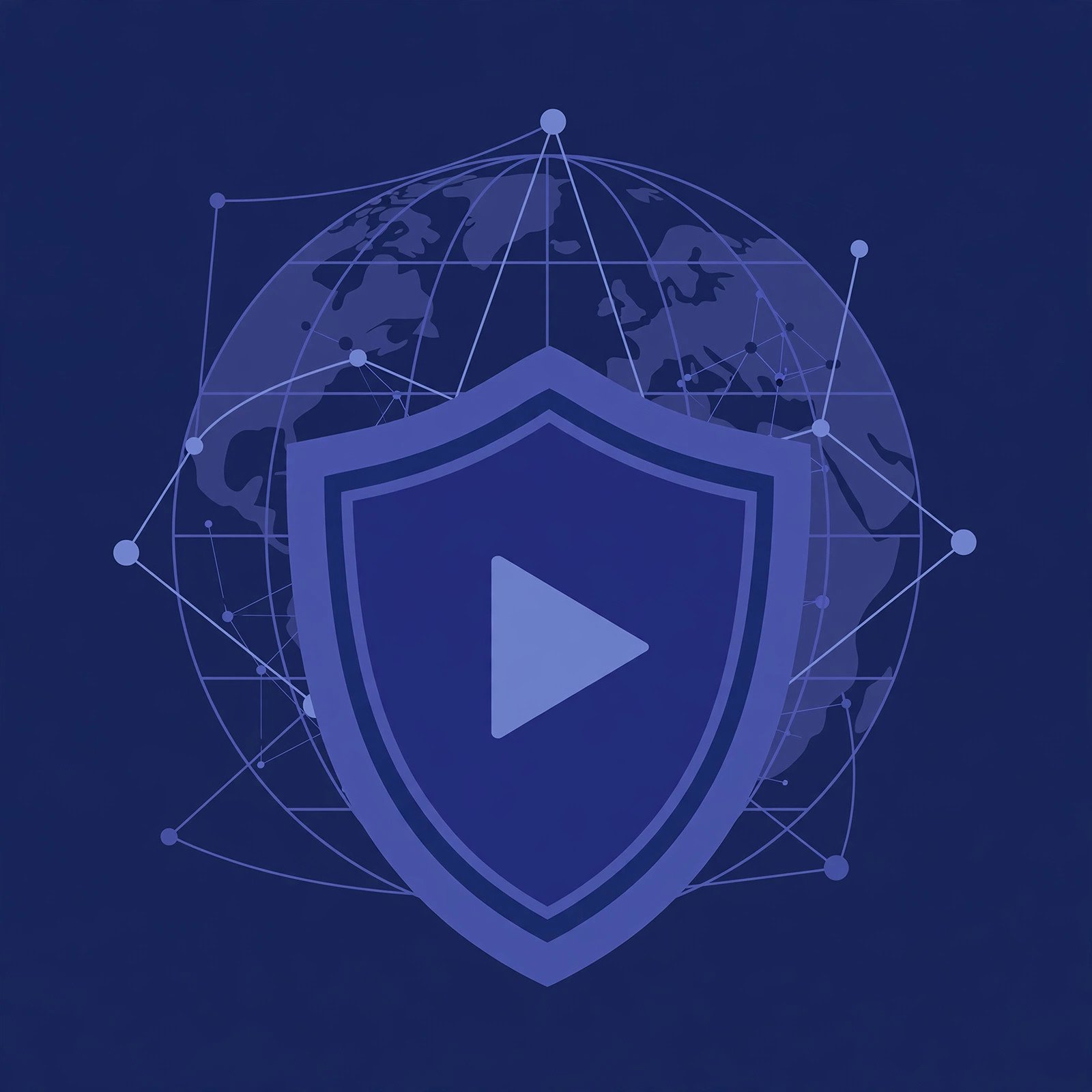 Illustration of a shield with a play button over a globe
